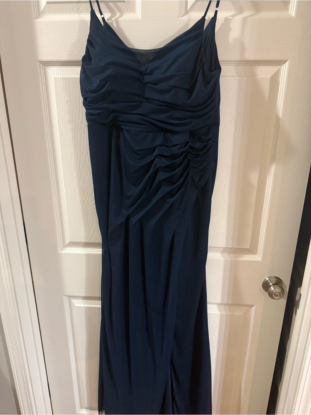 Azazie Navy Ruched Spaghetti Strap Evening Gown